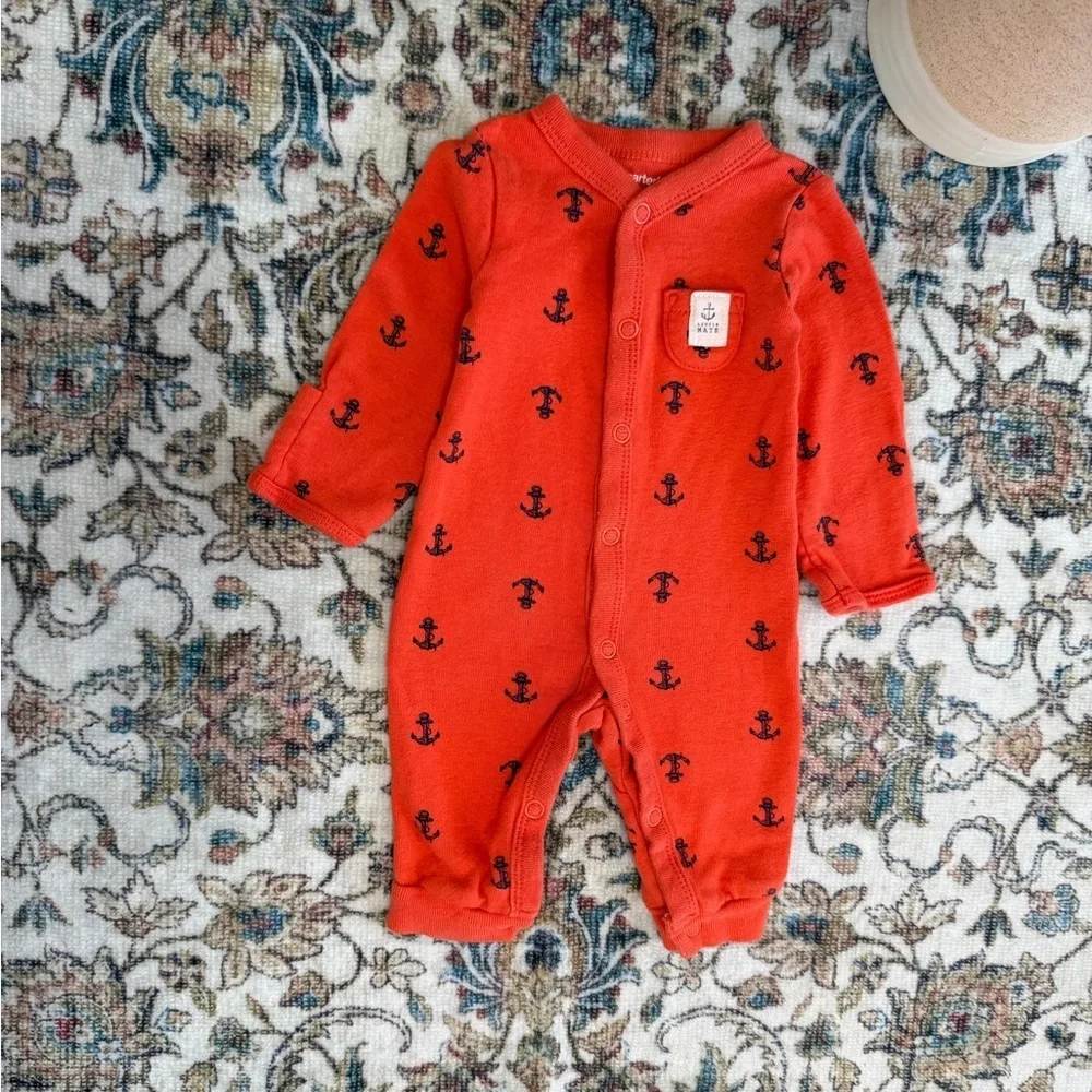 Y2K Carter’s Newborn Nautical Anchor Print Button Snap Romper One Piece Footless